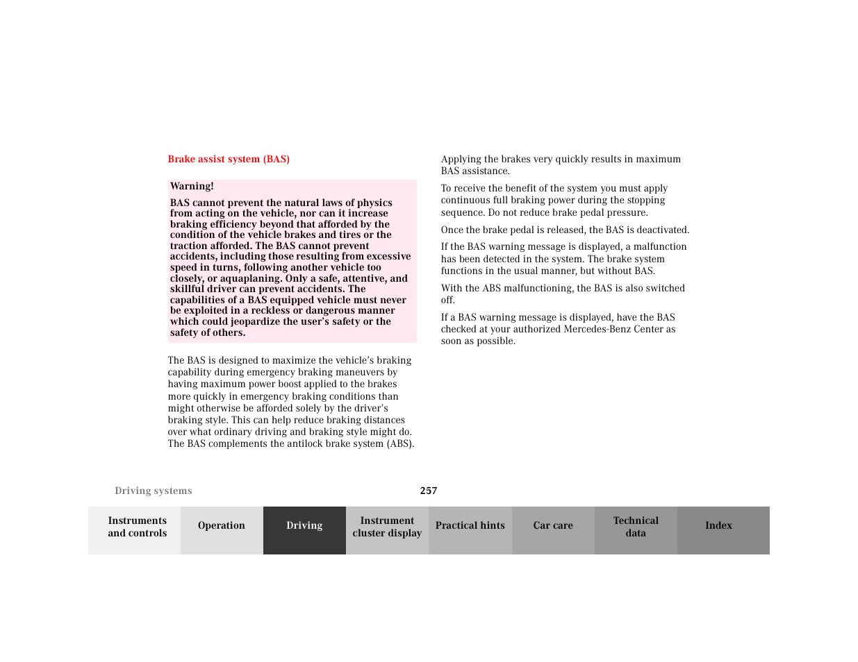 Section - brake assist system (bas), Title - brake assist system (bas), Marker - brake assist system (bas) | Warning - <tabelle, Tbody - <tabellenhaupttext, Row - <tabellenreihe, Entry - warning, Para - warning | Mercedes-Benz 2001 C 320 User Manual | Page 266 / 381