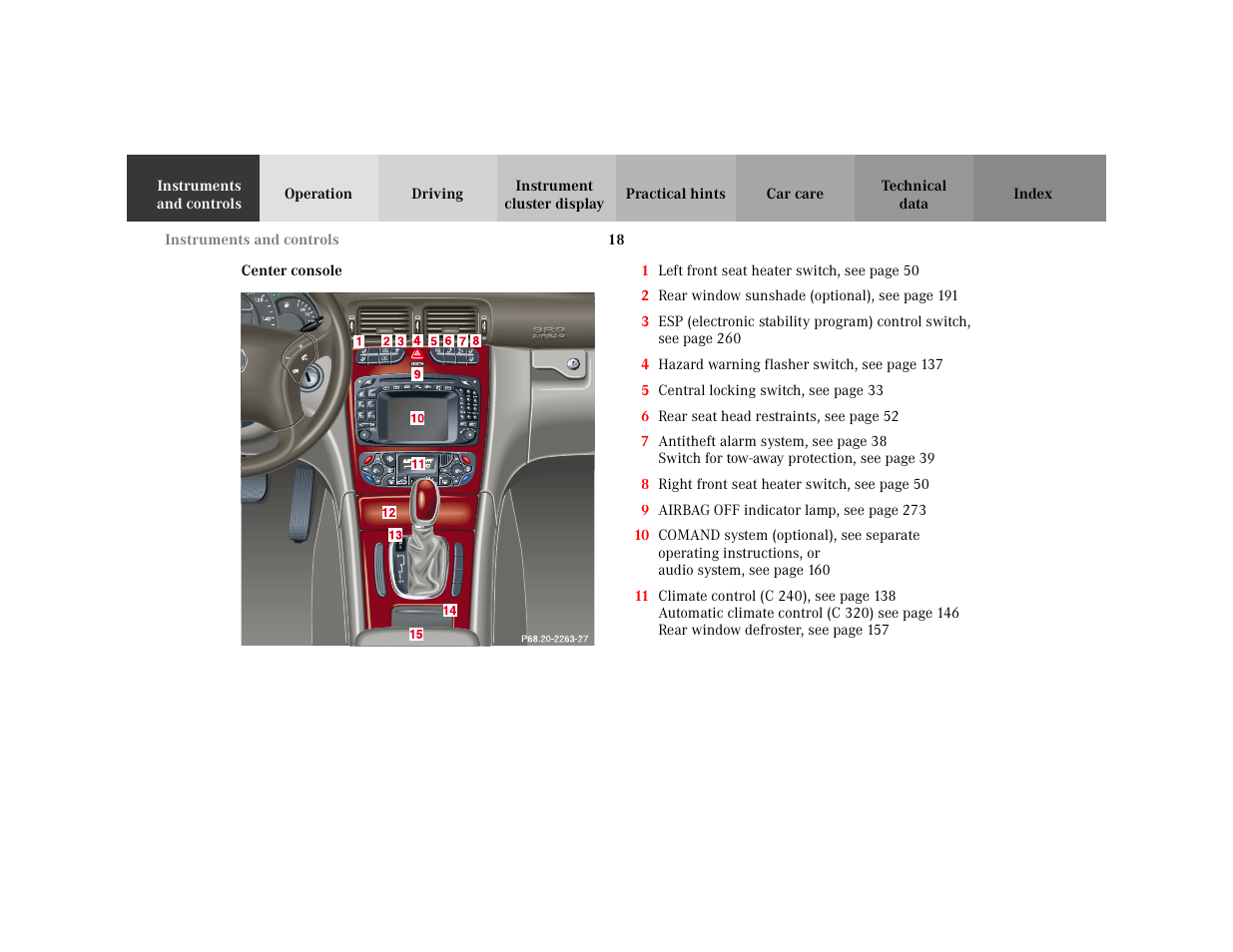 Subsection - center console, Title - center console, Marker - center console | Figure - <graphik, Item - 9 airbag off, Capletter - 9 airbag off, Center console | Mercedes-Benz 2001 C 320 User Manual | Page 27 / 381