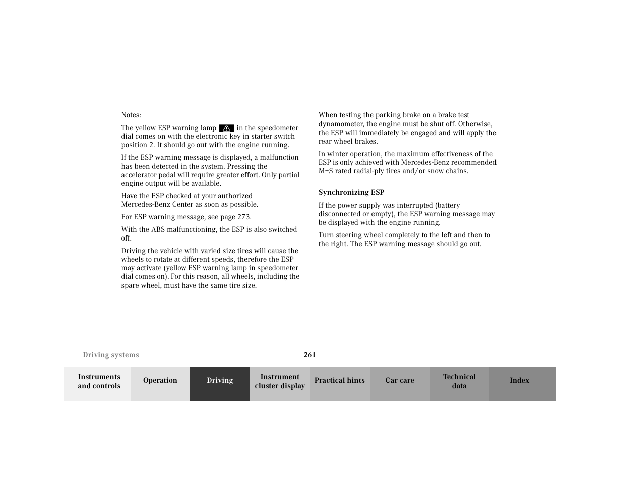 Note - notes, Blocktitle - notes, Para - the yellow esp warning lamp | Para - for, Subsection - synchronizing esp, Title - synchronizing esp | Mercedes-Benz 2001 C 320 User Manual | Page 270 / 381