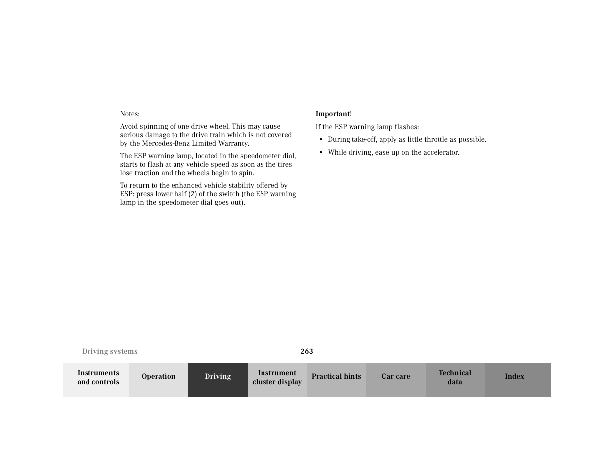 Note - notes, Blocktitle - notes, Important - important | Blocktitle - important, Para - if the esp warning lamp flashes, Item - • while driving, ease up on the accelerator | Mercedes-Benz 2001 C 320 User Manual | Page 272 / 381