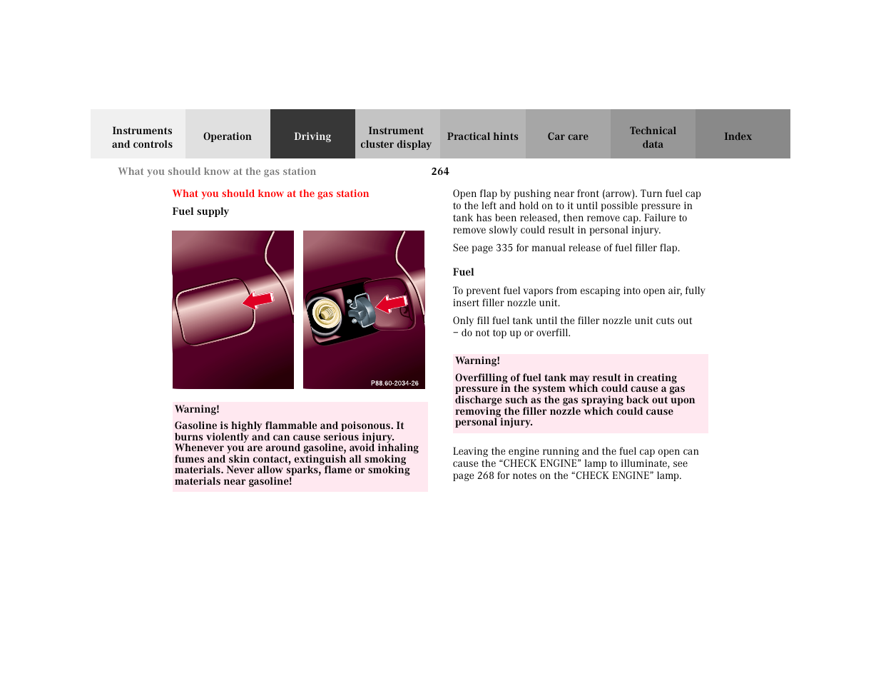 Section - what you should know at the gas station, Title - what you should know at the gas station, Marker - what you should know at the gas station | Para - fuel supply, Bold - fuel supply, Figure - <graphik, Warning - <tabelle, Tbody - <tabellenhaupttext, Row - <tabellenreihe, Entry - warning | Mercedes-Benz 2001 C 320 User Manual | Page 273 / 381