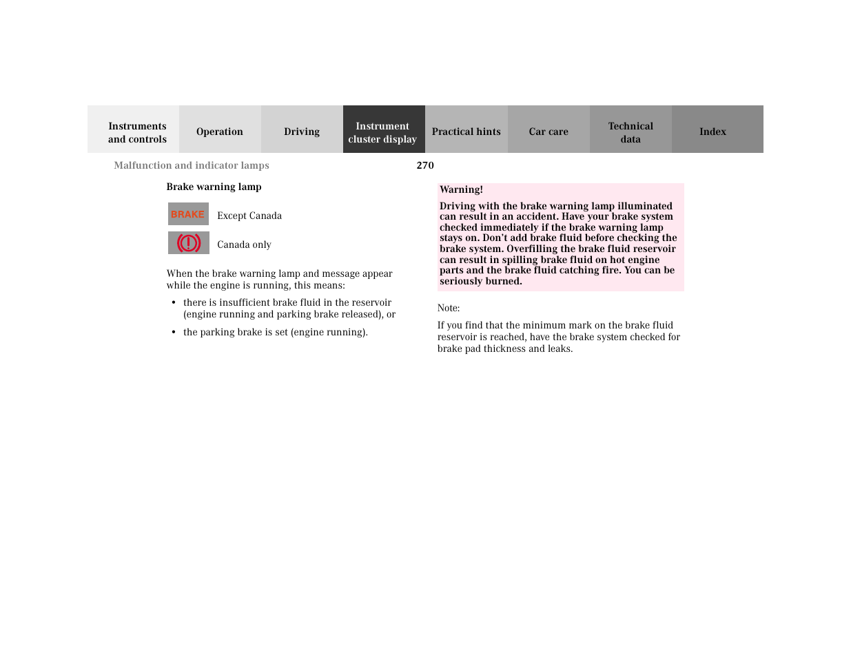Subsection - brake warning lamp, Title - brake warning lamp, Marker - brake warning lamp | Para - <graphik, Symbol - <graphik, Item - • the parking brake is set (engine running), Para, Warning - <tabelle, Tbody - <tabellenhaupttext, Row - <tabellenreihe | Mercedes-Benz 2001 C 320 User Manual | Page 279 / 381