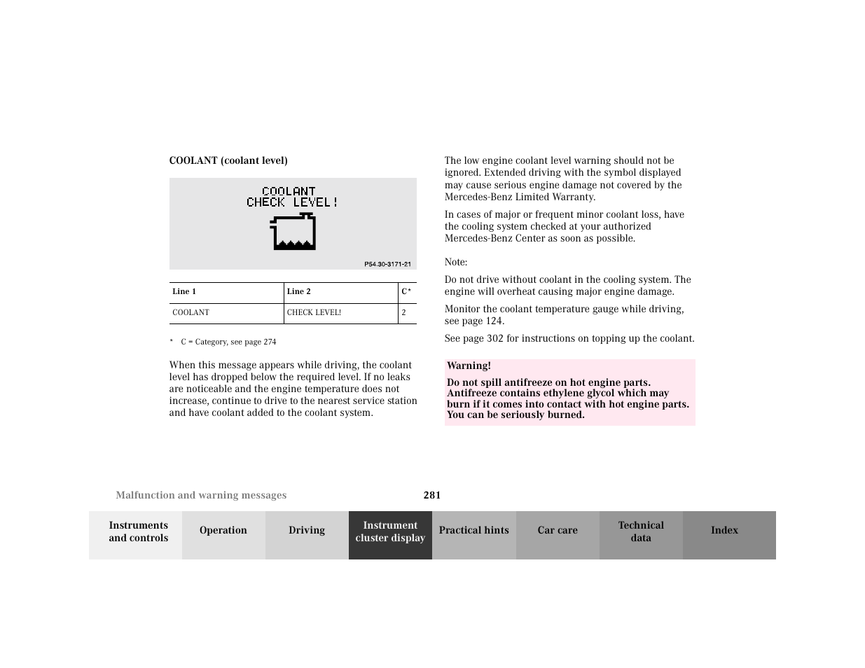 Subsection - p54.30-2137-21, Title - p54.30-2137-21, Marker - p54.30-2137-21 | Capletter - coolant, Figure - <graphik, Table - <tabelle, Thead - <tabellenkopfzeile, Row - <tabellenreihe, Entry - line 1, Bold - line 1 | Mercedes-Benz 2001 C 320 User Manual | Page 290 / 381