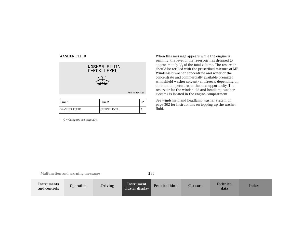 Subsection - p54.30-2181-21, Title - p54.30-2181-21, Marker - p54.30-2181-21 | Capletter - washer fluid, Figure - <graphik, Table - <tabelle, Thead - <tabellenkopfzeile, Row - <tabellenreihe, Entry - line 1, Bold - line 1 | Mercedes-Benz 2001 C 320 User Manual | Page 298 / 381