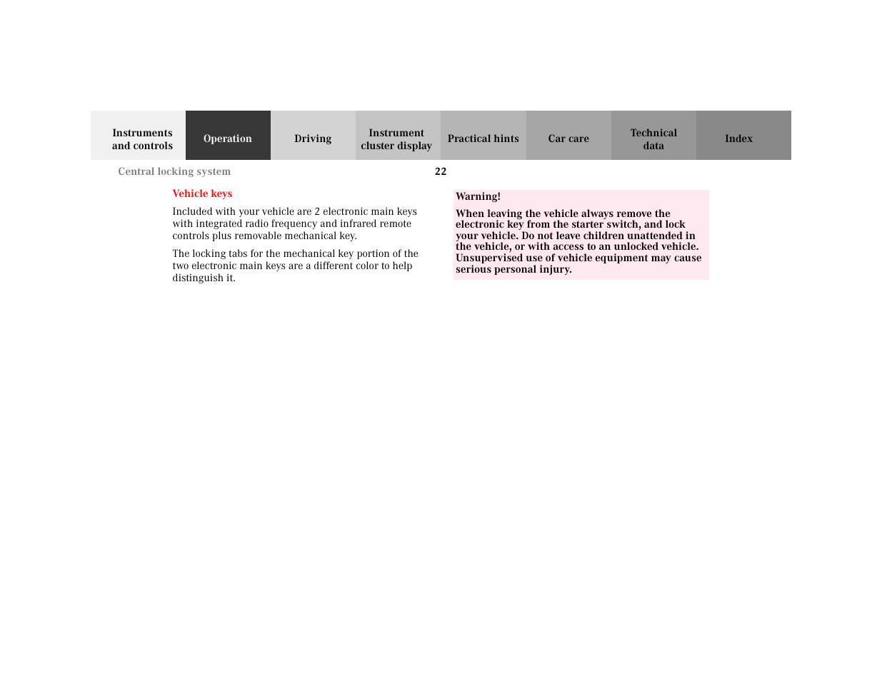 Part - operation, Section - operation, Title - operation | Hypertext - operation, Marker - vehicle keys, Warning - <tabelle, Tbody - <tabellenhaupttext, Row - <tabellenreihe, Entry, Entry - warning | Mercedes-Benz 2001 C 320 User Manual | Page 31 / 381