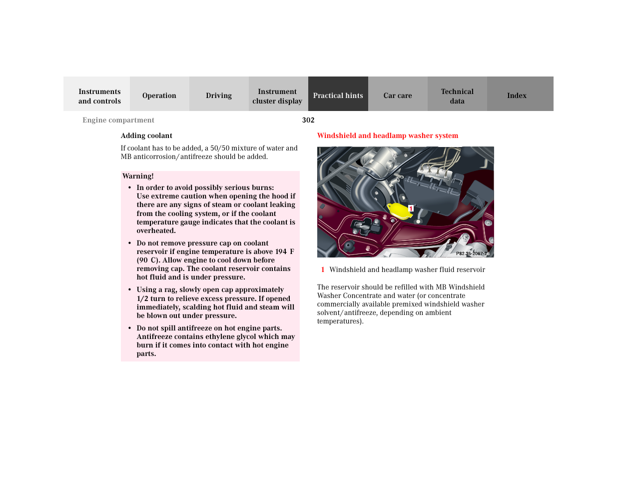 Subsection - adding coolant, Title - adding coolant, Marker - adding coolant | Warning - <tabelle, Tbody - <tabellenhaupttext, Row - <tabellenreihe, Entry - warning, Para - warning, Section - windshield washer system, Title - windshield washer system | Mercedes-Benz 2001 C 320 User Manual | Page 311 / 381