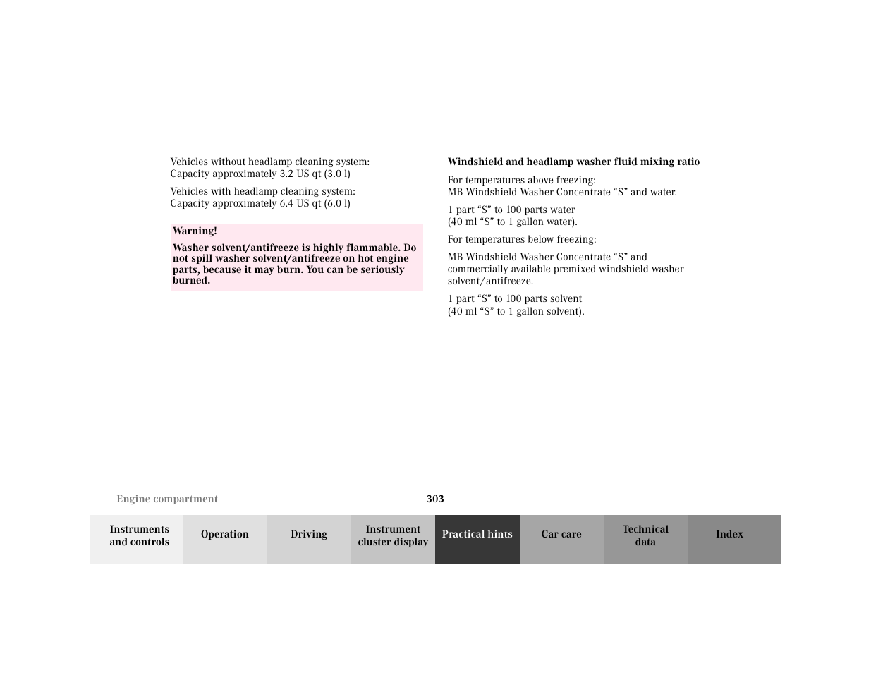 Warning - <tabelle, Tbody - <tabellenhaupttext, Row - <tabellenreihe | Entry - warning, Para - warning, Para - 1 part, Para - for temperatures below freezing, Para - mb windshield washer concentrate | Mercedes-Benz 2001 C 320 User Manual | Page 312 / 381