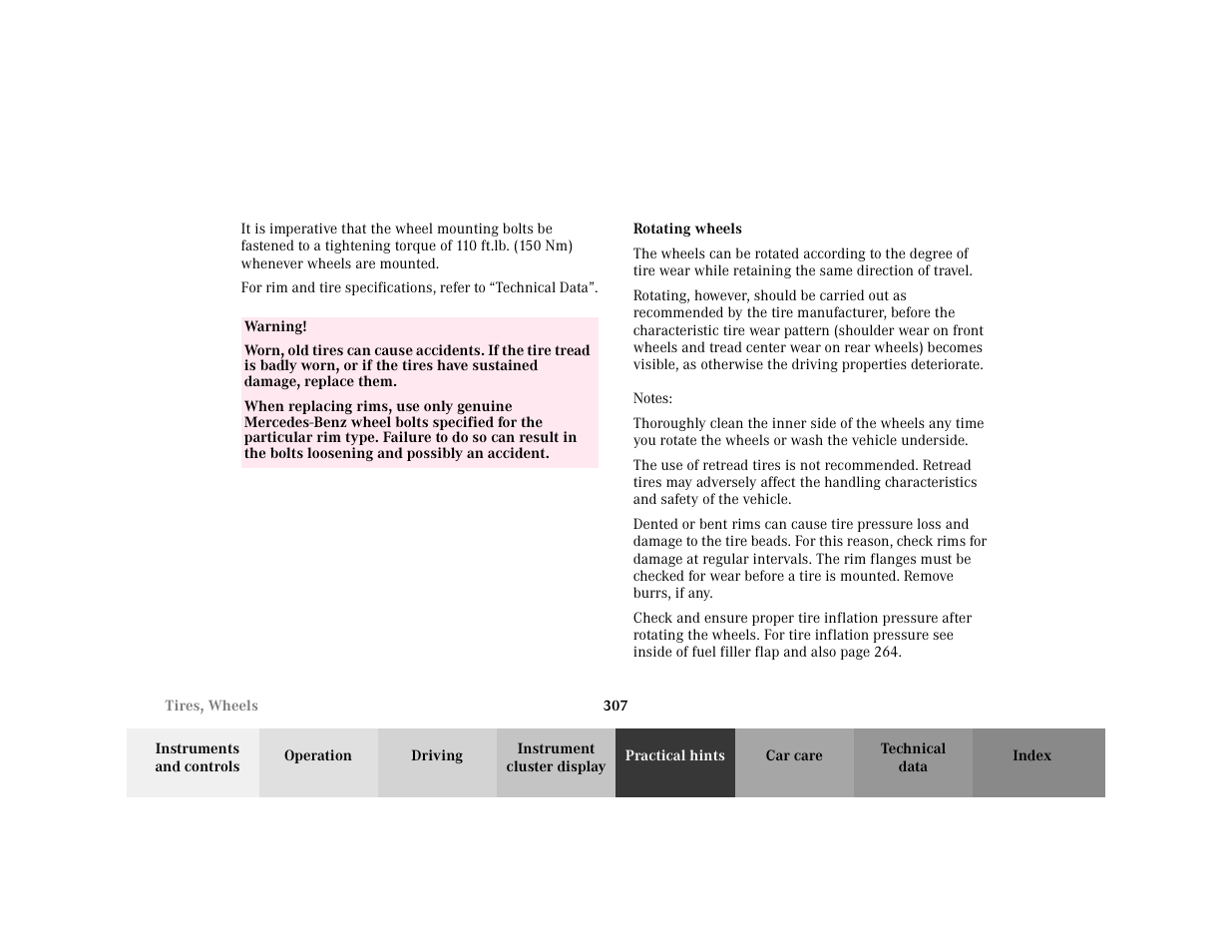 Para - for rim and tire specifications, refer to, Warning - <tabelle, Tbody - <tabellenhaupttext | Row - <tabellenreihe, Entry - warning, Para - warning, Subsection - rotating wheels, Title - rotating wheels, Marker - rotating wheels, Note - notes | Mercedes-Benz 2001 C 320 User Manual | Page 316 / 381