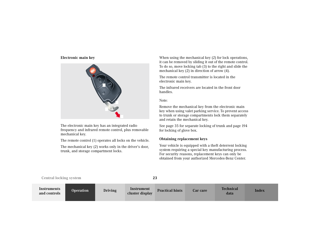 Subsection - electronic main key, Title - electronic main key, Marker - electronic main key | Figure - <graphik, Note - note, Blocktitle - note, Bold - obtaining replacement keys | Mercedes-Benz 2001 C 320 User Manual | Page 32 / 381