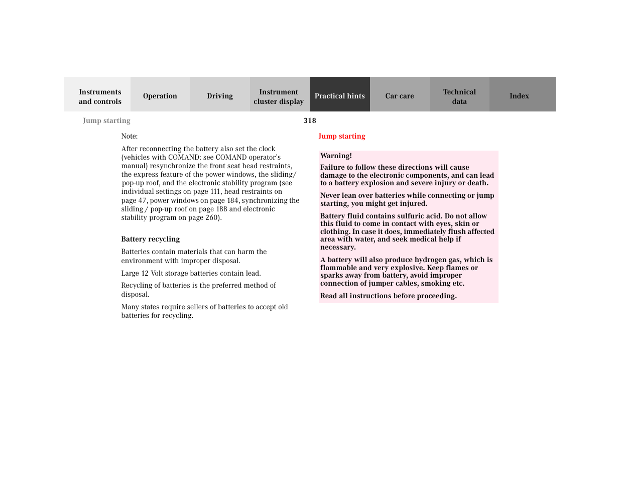 Note - note, Blocktitle - note, Subsection - battery recycling | Title - battery recycling, Section - jump starting, Title - jump starting, Marker - jump starting, Warning - <tabelle, Tbody - <tabellenhaupttext, Row - <tabellenreihe | Mercedes-Benz 2001 C 320 User Manual | Page 327 / 381
