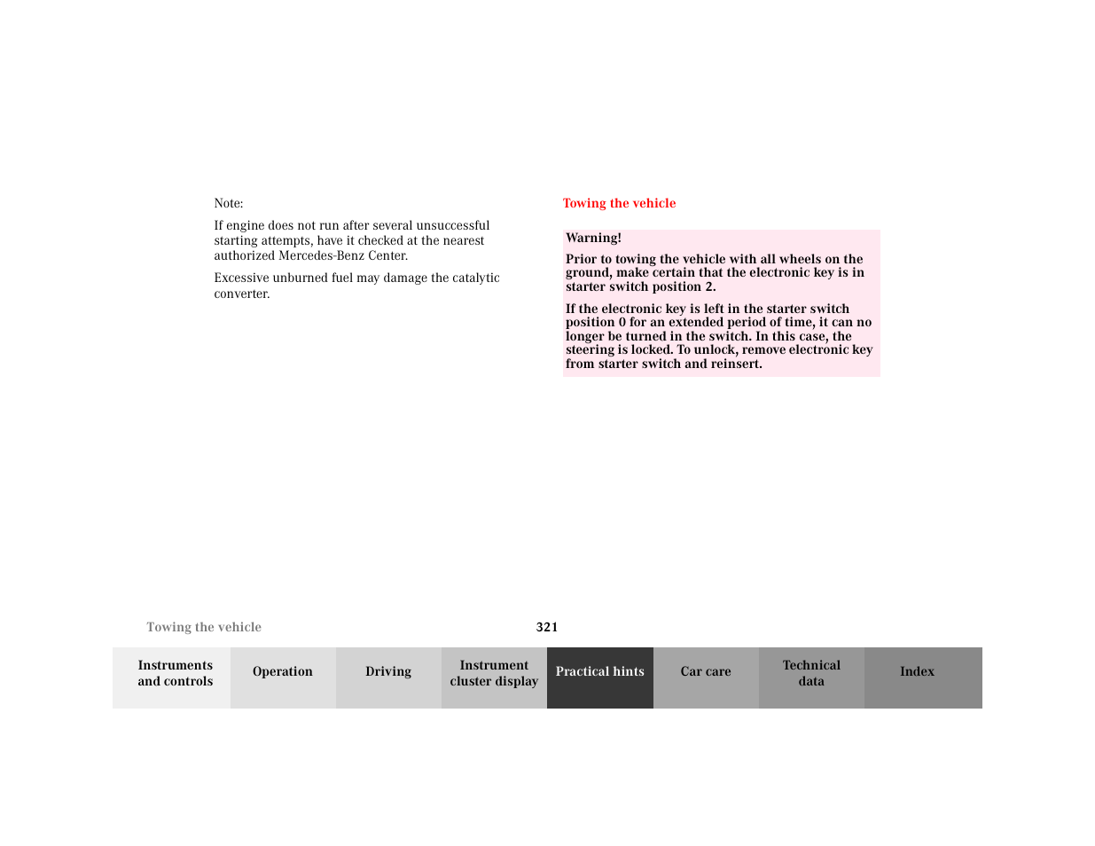 Note - note, Blocktitle - note, Section - towing the vehicle | Title - towing the vehicle, Marker - towing the vehicle, Warning - <tabelle, Tbody - <tabellenhaupttext, Row - <tabellenreihe, Entry - warning, Para - warning | Mercedes-Benz 2001 C 320 User Manual | Page 330 / 381