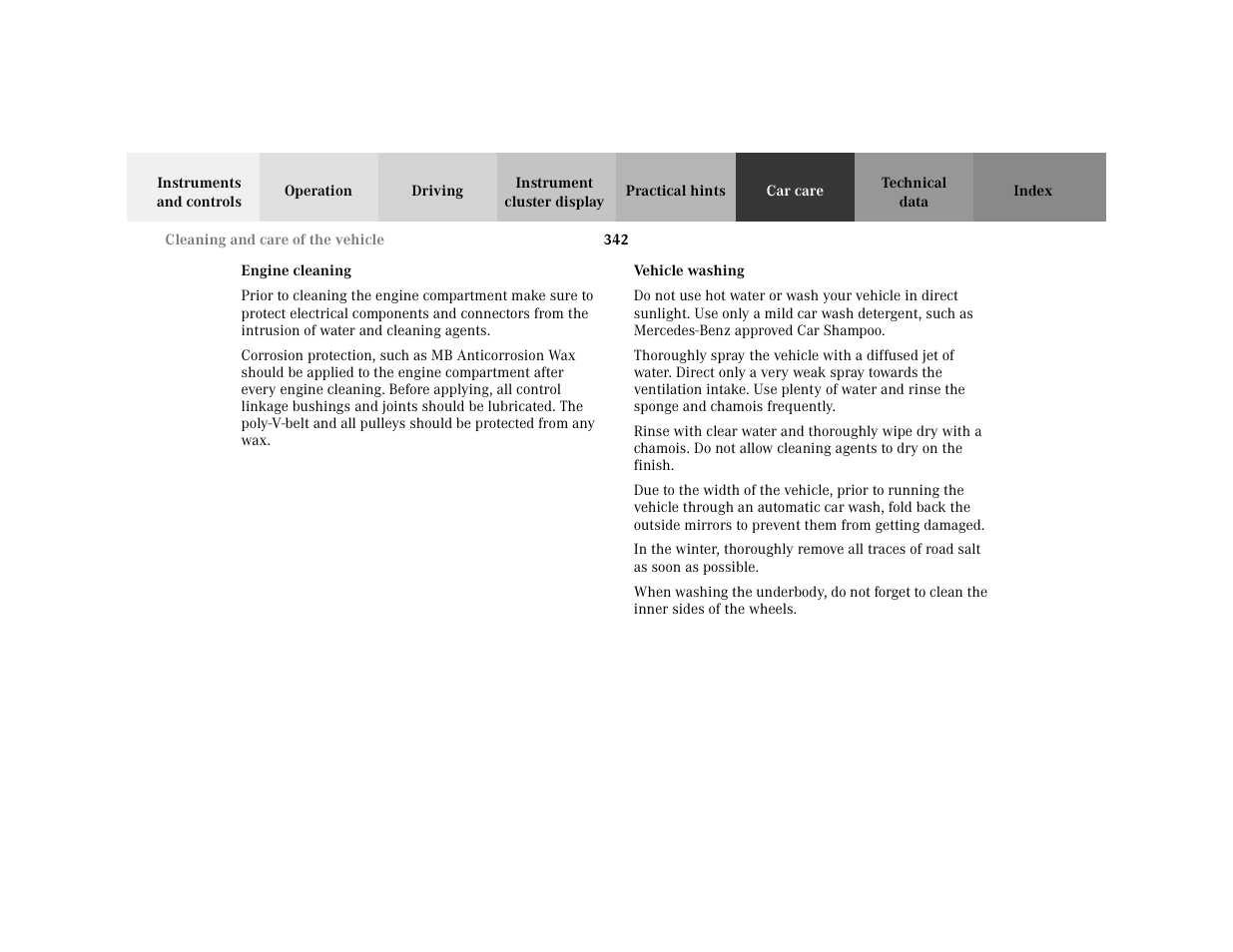 Subsection - engine cleaning, Title - engine cleaning, Marker - engine cleaning | Subsection - vehicle washing, Title - vehicle washing, Marker - vehicle washing | Mercedes-Benz 2001 C 320 User Manual | Page 351 / 381