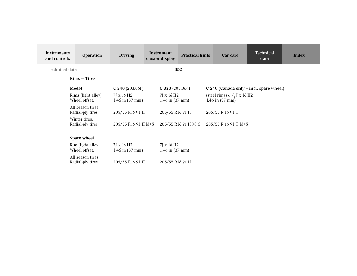 Subsection - rims — tires, Title - rims — tires, Table - <tabelle | Thead - <tabellenkopfzeile, Row - <tabellenreihe, Entry - model, Bold - model, Entry - c 240 (203.061), Bold - c 240, Entry - c 320 (203.064) | Mercedes-Benz 2001 C 320 User Manual | Page 361 / 381