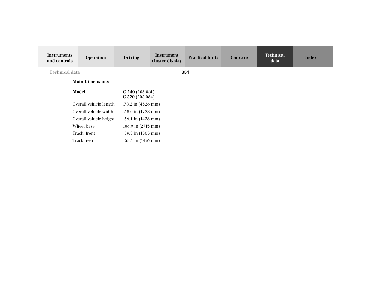 Subsection - main dimensions, Title - main dimensions, Table - <tabelle | Thead - <tabellenkopfzeile, Row - <tabellenreihe, Entry - model, Bold - model, Entry - c 240 (203.061) c 320 (203.064), Bold - c 240, Tbody - <tabellenhaupttext | Mercedes-Benz 2001 C 320 User Manual | Page 363 / 381