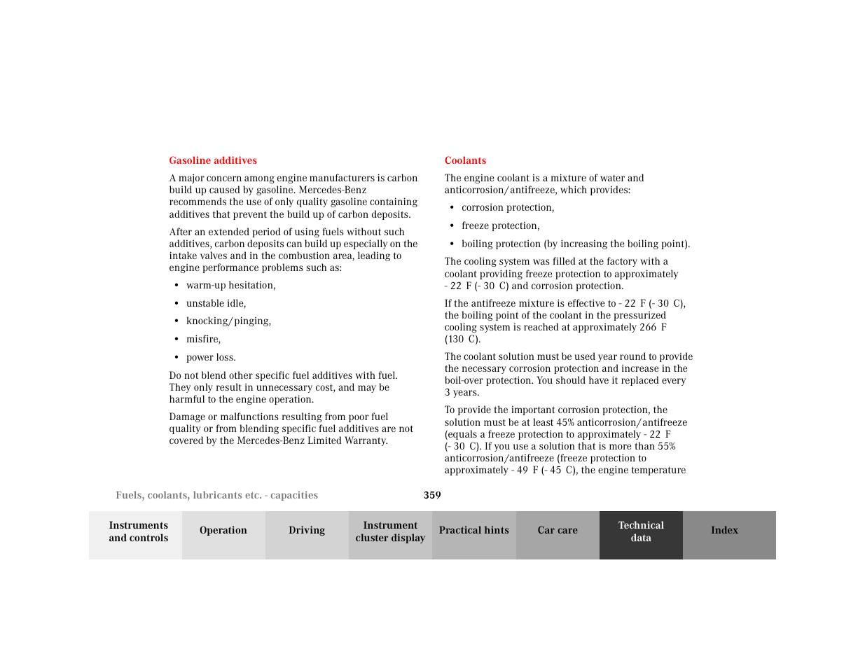 Section - gasoline additives, Title - gasoline additives, Marker - gasoline additives | Itemizedlist - • warm-up hesitation, Item - • warm-up hesitation, Item - • unstable idle, Item - • knocking/pinging, Item - • misfire, Item - • power loss, Section - coolants | Mercedes-Benz 2001 C 320 User Manual | Page 368 / 381