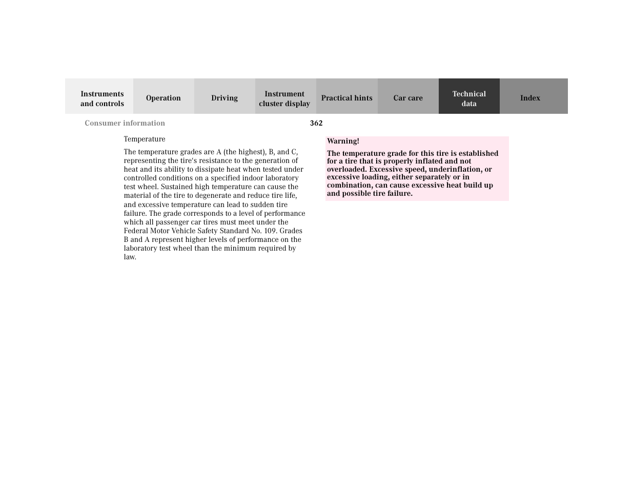 Para - temperature, Para, Warning - <tabelle | Tbody - <tabellenhaupttext, Row - <tabellenreihe, Entry, Entry - warning, Para - warning | Mercedes-Benz 2001 C 320 User Manual | Page 371 / 381