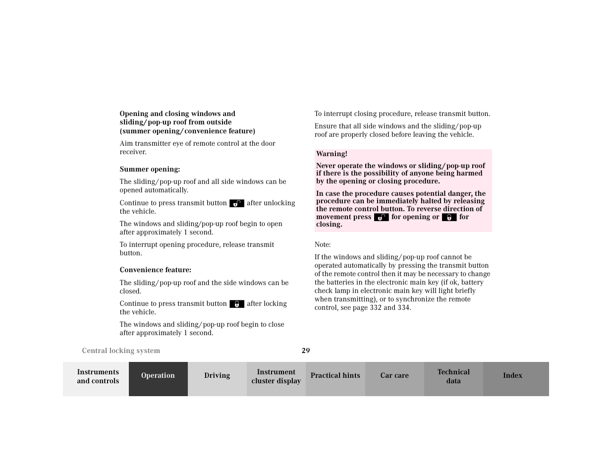 Subtitle - summer opening, Bold - summer opening, Para - continue to press transmit button | Subtitle - convenience feature, Bold - convenience feature, Warning - <tabelle, Tbody - <tabellenhaupttext, Row - <tabellenreihe, Entry - warning, Para - warning | Mercedes-Benz 2001 C 320 User Manual | Page 38 / 381