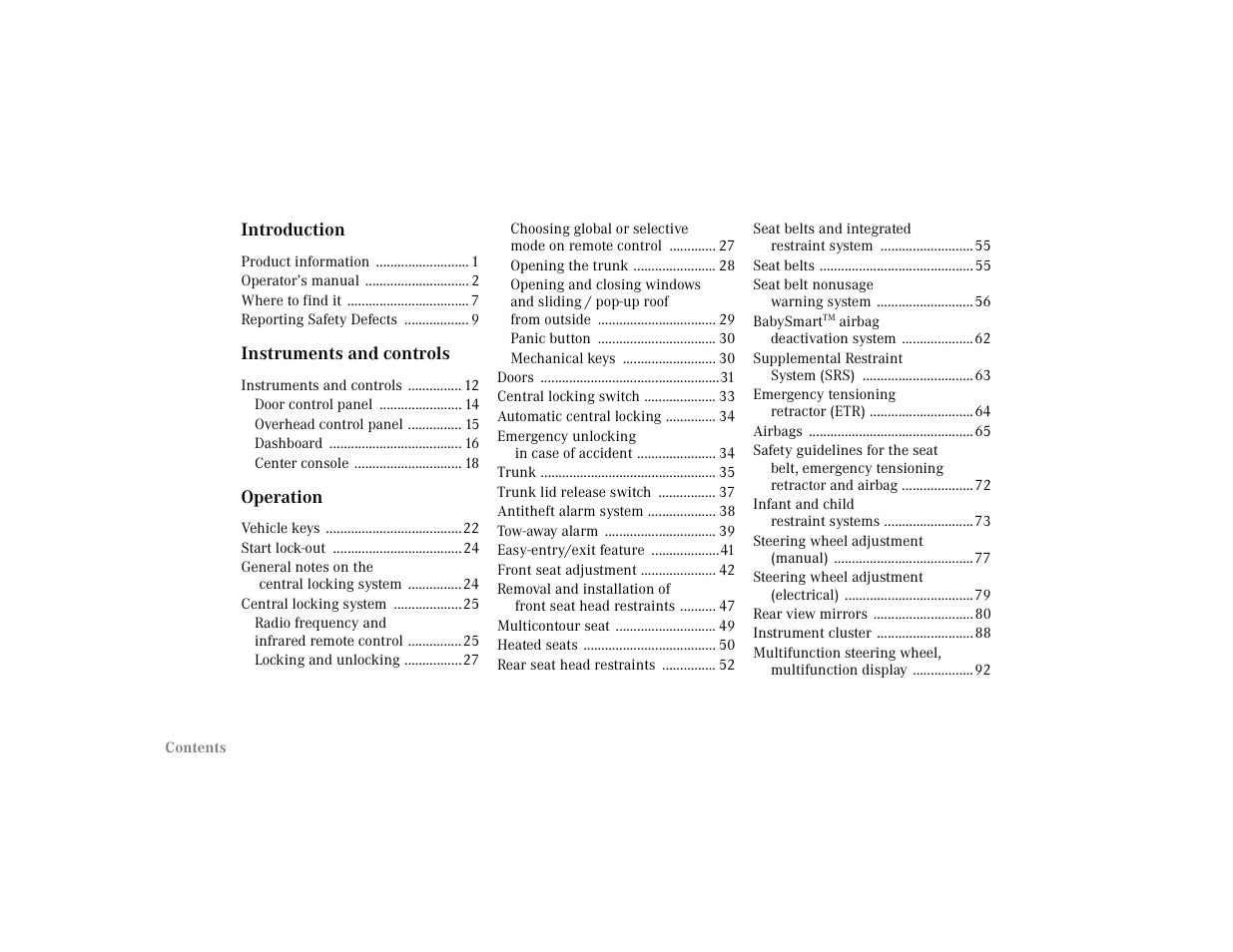 Toc - introduction, Title - introduction, Tocentry - product information 1 | Tocentry - operator’s manual 2, Tocentry - where to find it 7, Tocentry - reporting safety defects 9, Title - instruments and controls, Tocentry - instruments and controls 12, Tocentry - door control panel 14, Tocsubentry - door control panel 14 | Mercedes-Benz 2001 C 320 User Manual | Page 4 / 381