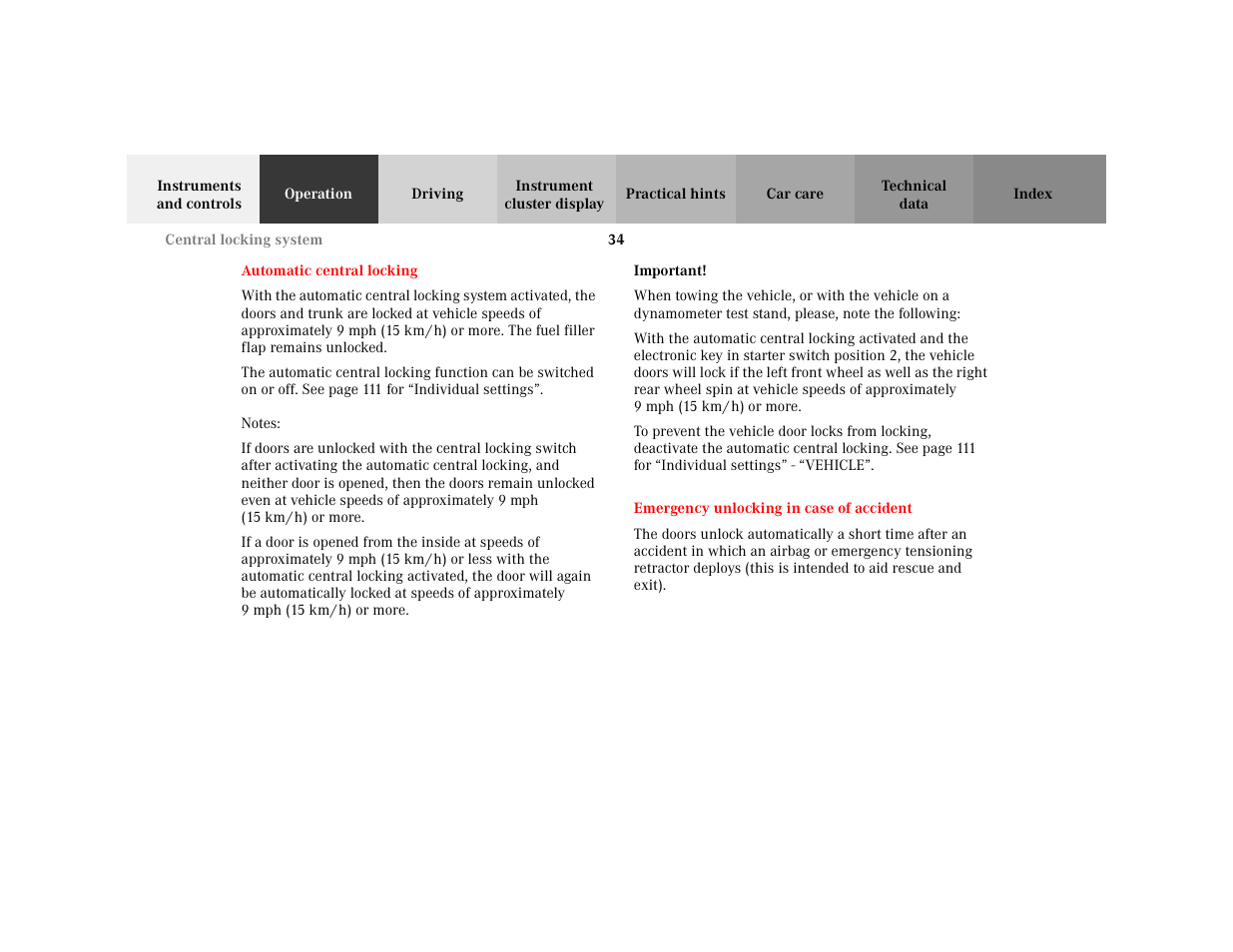 Note - notes, Blocktitle - notes, Important - important | Blocktitle - important, Section - emergency unlocking in case of accident, Title - emergency unlocking in case of accident, Marker - emergency unlocking in case of accident | Mercedes-Benz 2001 C 320 User Manual | Page 43 / 381