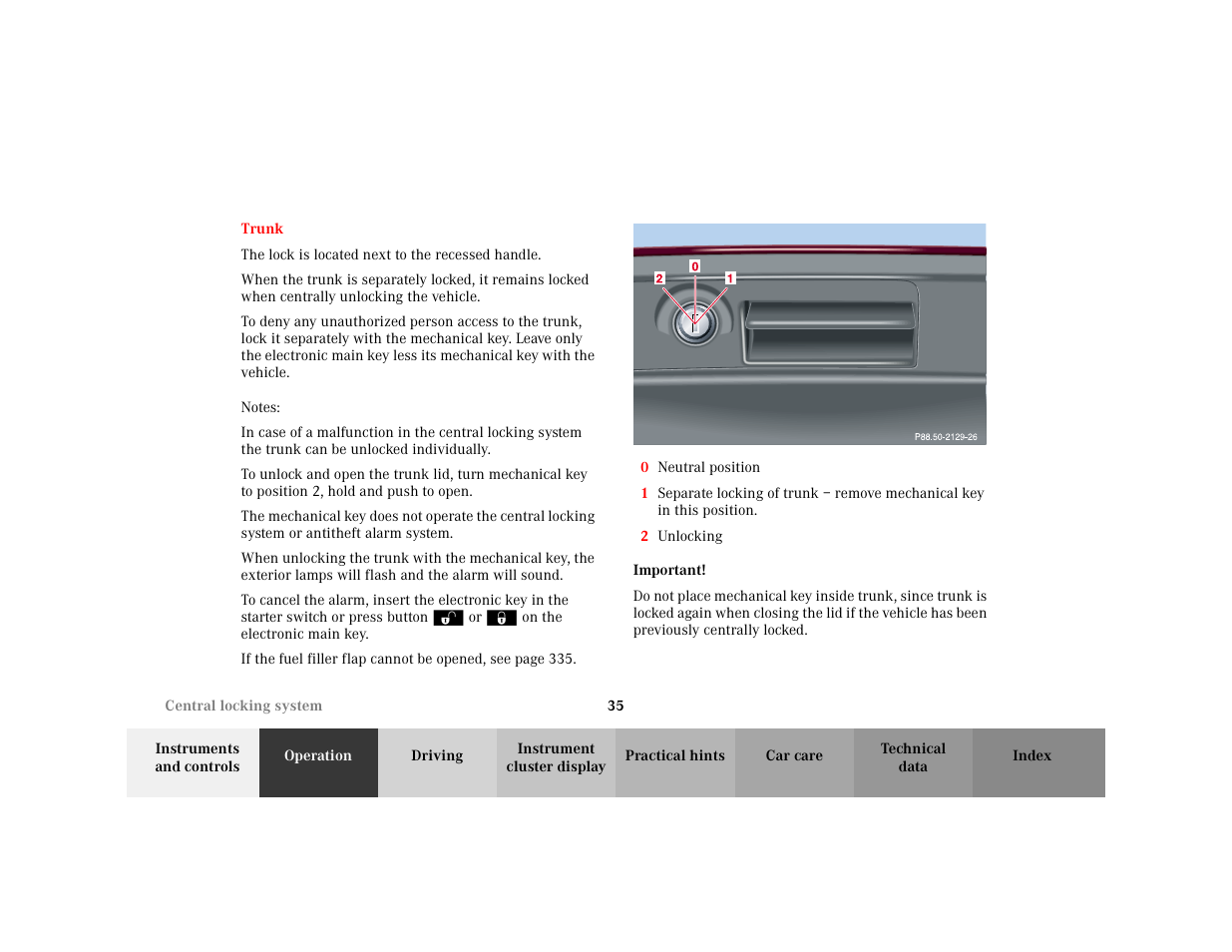 Section - trunk, Title - trunk, Marker - trunk | Note - notes, Blocktitle - notes, Orderedlist - <graphik, Item - <graphik, Graphic - <graphik, Marker - p54.25-????-26, Item - 2 unlocking | Mercedes-Benz 2001 C 320 User Manual | Page 44 / 381