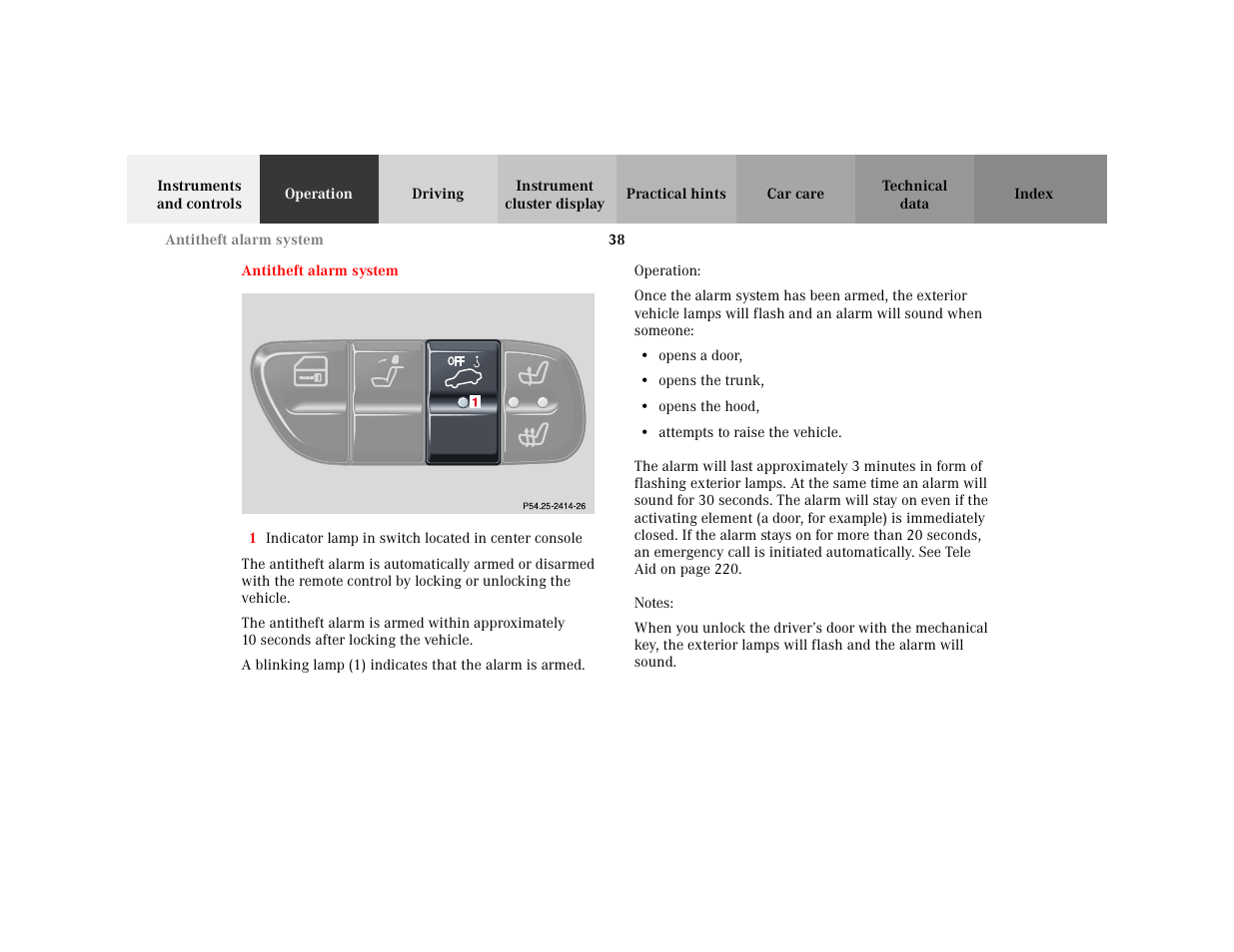 Section - antitheft alarm system, Title - antitheft alarm system, Marker - antitheft alarm system | Figure - <graphik, Subtitle - operation, Itemizedlist - • opens a door, Item - • opens a door, Item - • opens the trunk, Item - • opens the hood, Item - • attempts to raise the vehicle | Mercedes-Benz 2001 C 320 User Manual | Page 47 / 381