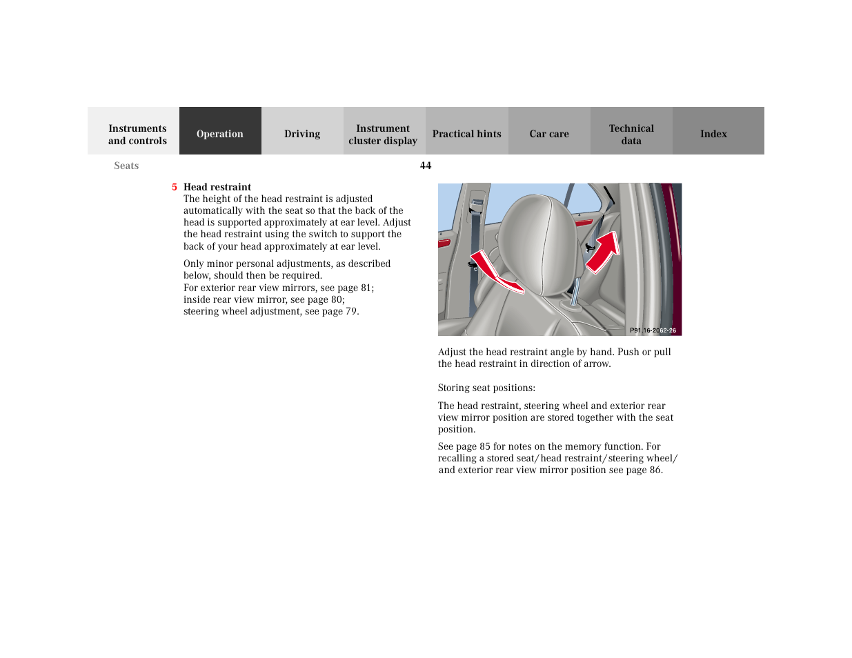 Item - 5 head restraint, Bold - 5 head restraint, Para - <graphik | Graphic - <graphik, Marker - p91.16-2010-26, Subtitle - storing seat positions, Marker - storing seat positions | Mercedes-Benz 2001 C 320 User Manual | Page 53 / 381