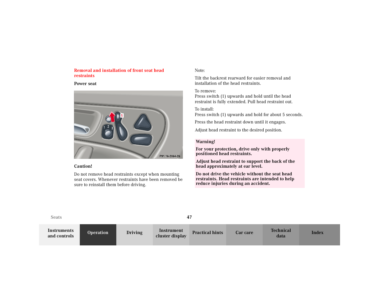 Subsection - power seat, Title - power seat, Figure - <graphik | Caution - caution, Blocktitle - caution, Note - note, Blocktitle - note, Warning - <tabelle, Tbody - <tabellenhaupttext, Row - <tabellenreihe | Mercedes-Benz 2001 C 320 User Manual | Page 56 / 381