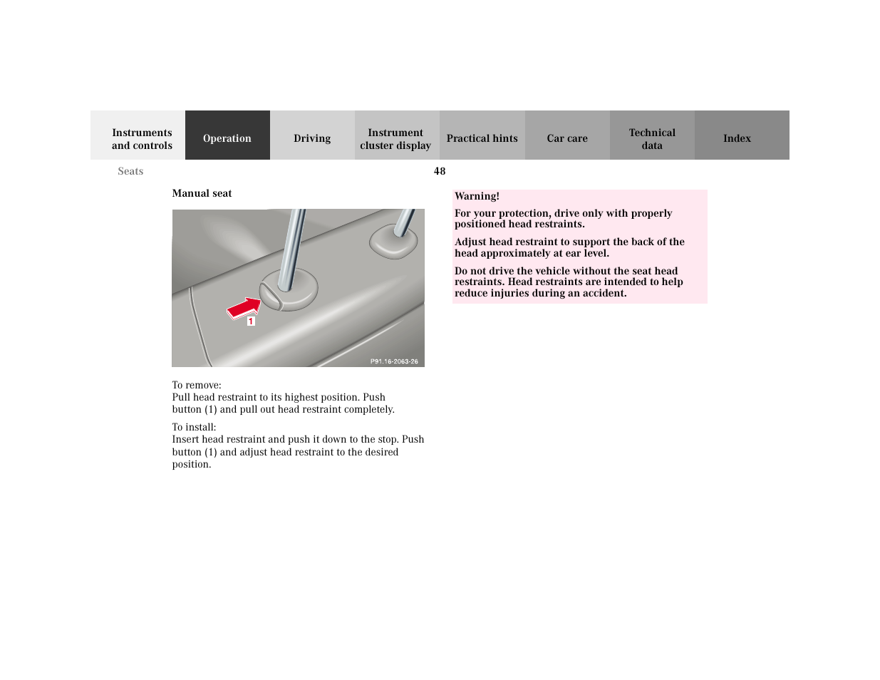 Subsection - manual seat, Title - manual seat, Marker - manual seat | Figure - <graphik, Warning - <tabelle, Tbody - <tabellenhaupttext, Row - <tabellenreihe, Entry, Entry - warning, Para - warning | Mercedes-Benz 2001 C 320 User Manual | Page 57 / 381