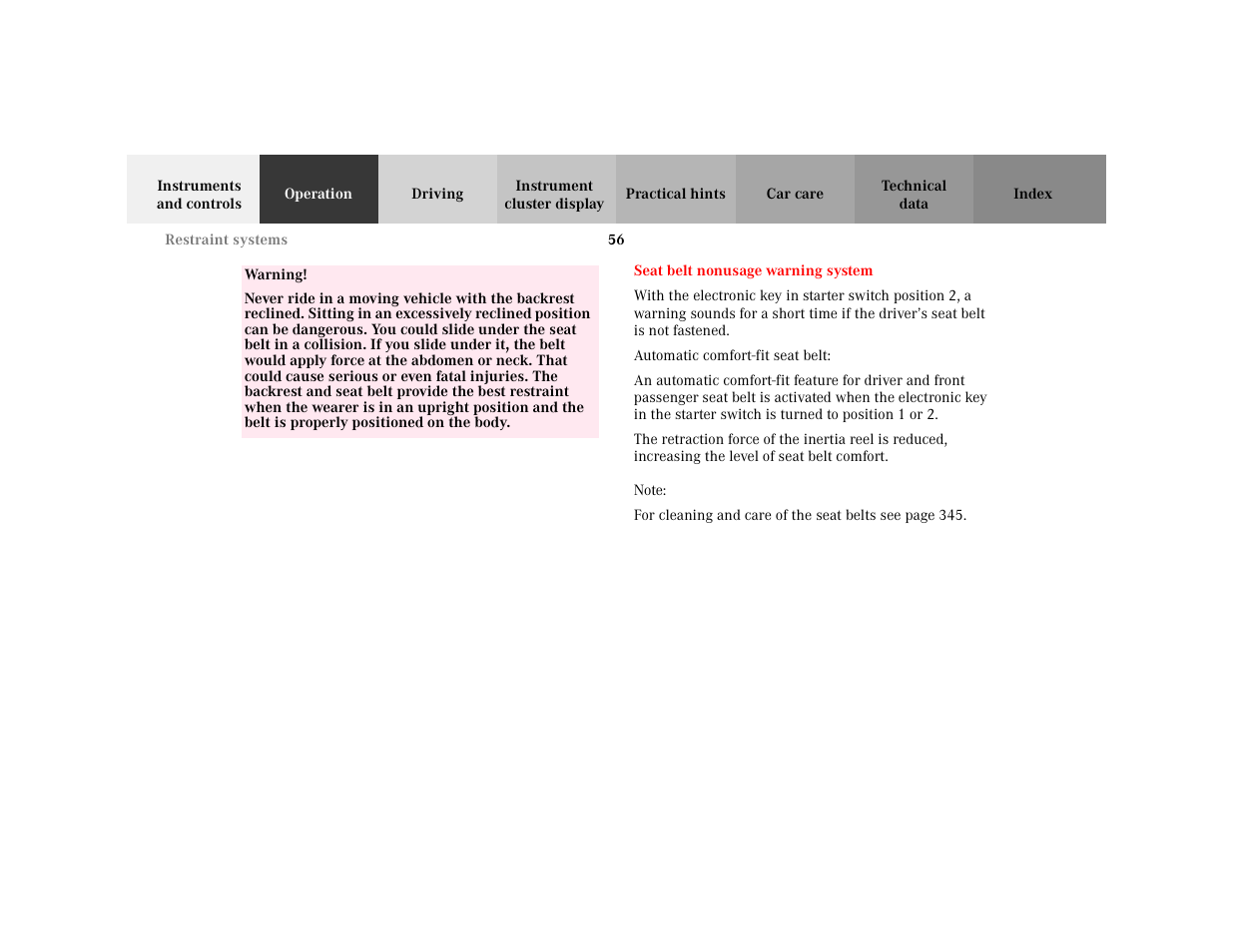 Warning - <tabelle, Tbody - <tabellenhaupttext, Row - <tabellenreihe | Entry - warning, Para - warning, Section - seat belt nonusage warning system, Title - seat belt nonusage warning system, Marker - seat belt nonusage warning system, Para - automatic comfort-fit seat belt, Note - note | Mercedes-Benz 2001 C 320 User Manual | Page 65 / 381