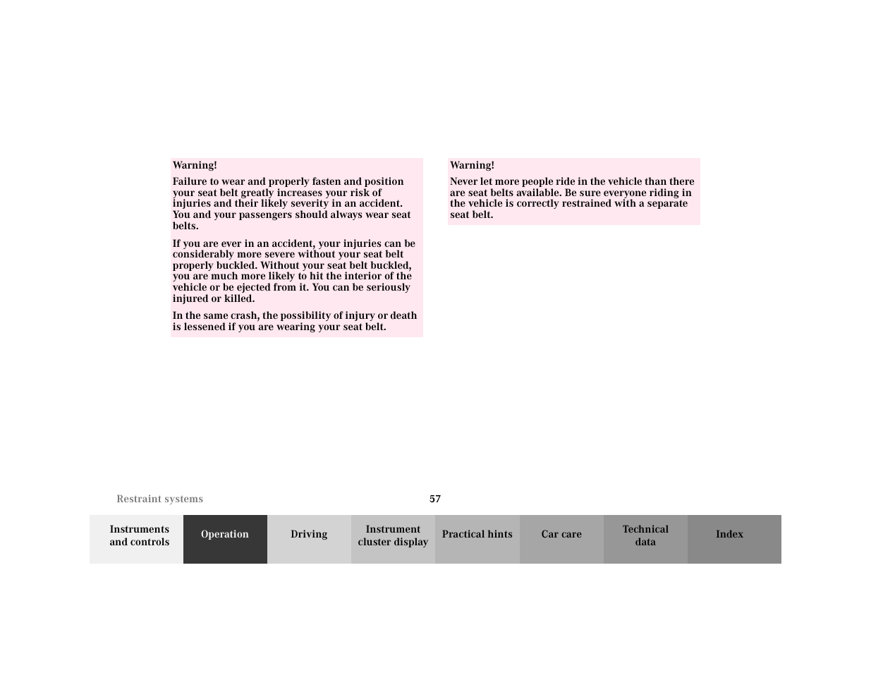 Row - <tabellenreihe, Entry - warning, Para - warning | Para, Warning - <tabelle, Tbody - <tabellenhaupttext, Entry | Mercedes-Benz 2001 C 320 User Manual | Page 66 / 381