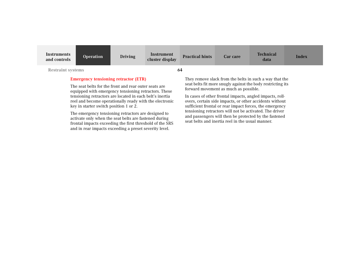 Section - emergency tensioning retractor (etr), Title - emergency tensioning retractor (etr), Marker - emergency tensioning retractor (etr) | Mercedes-Benz 2001 C 320 User Manual | Page 73 / 381