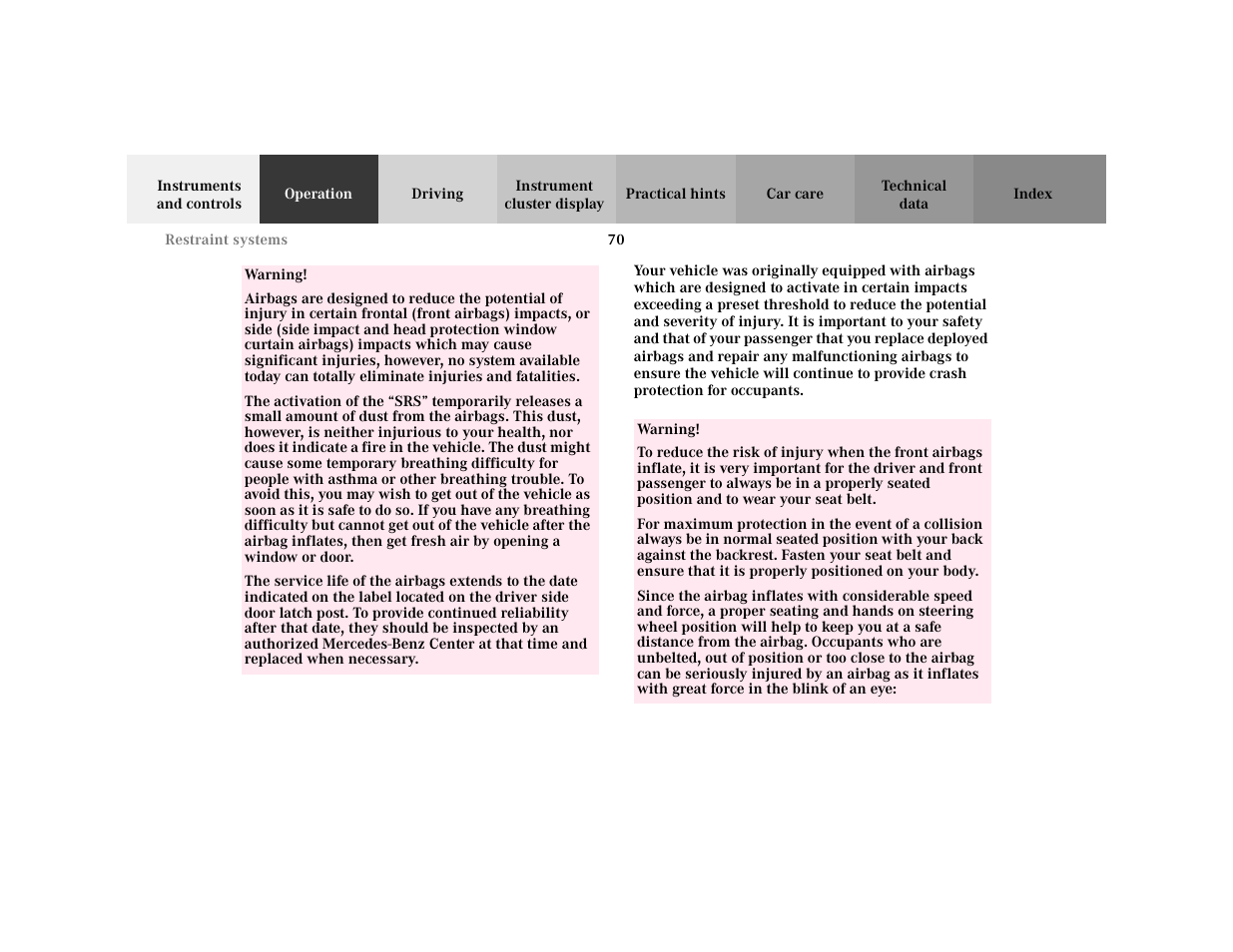 Row - <tabellenreihe, Entry - warning, Para - warning | Para - the activation of the, Warning - <tabelle, Tbody - <tabellenhaupttext | Mercedes-Benz 2001 C 320 User Manual | Page 79 / 381