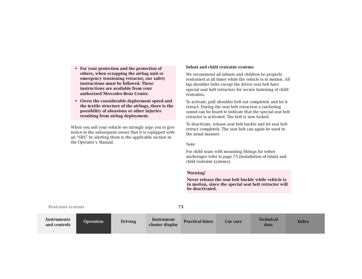 Row - <tabellenreihe, Subsection - infant and child restraint systems, Title - infant and child restraint systems | Marker - infant and child restraint systems, Note - note, Blocktitle - note, Warning - <tabelle, Tbody - <tabellenhaupttext, Entry - warning, Para - warning | Mercedes-Benz 2001 C 320 User Manual | Page 82 / 381