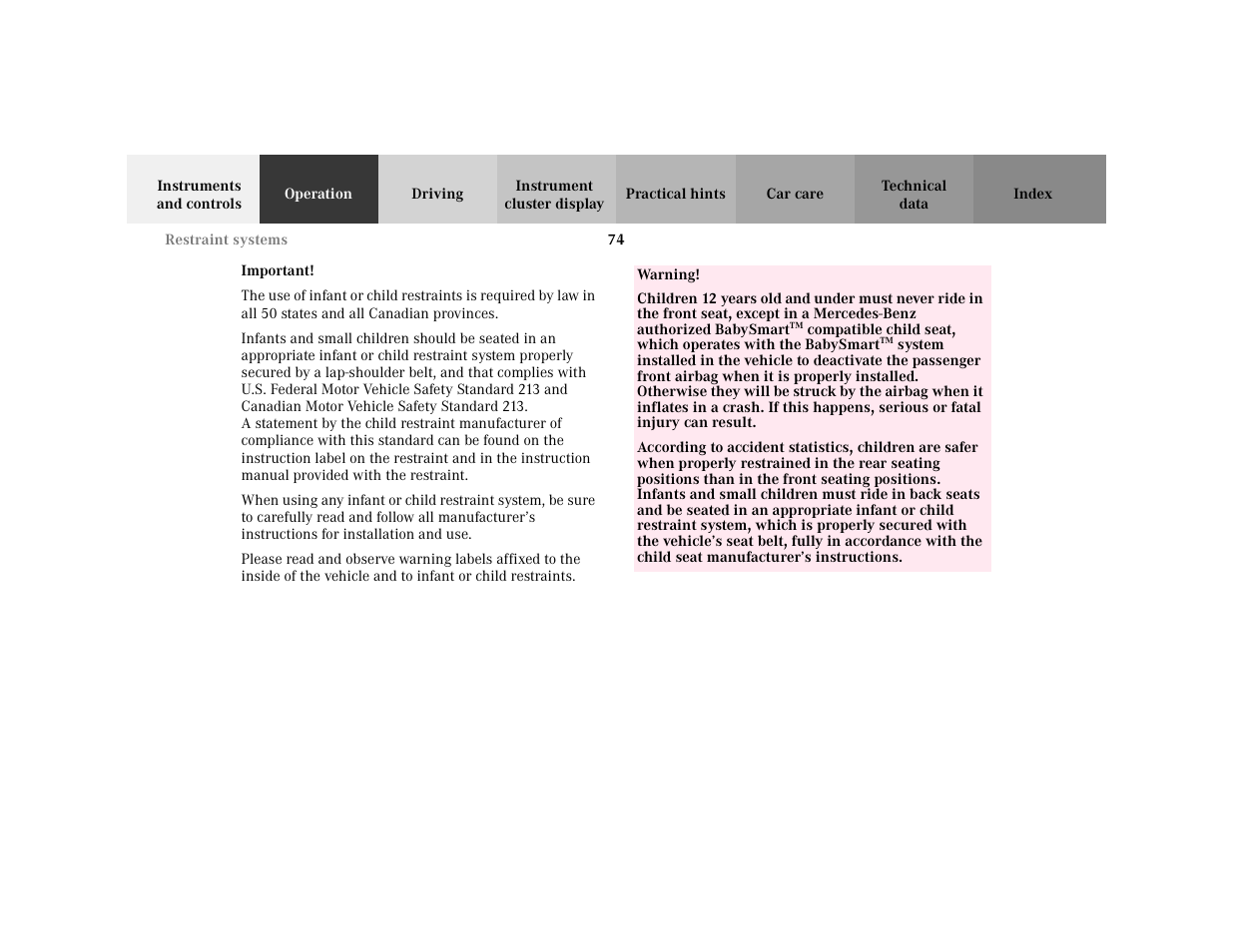 Important - important, Blocktitle - important, Warning - <tabelle | Tbody - <tabellenhaupttext, Row - <tabellenreihe, Entry, Entry - warning, Para - warning | Mercedes-Benz 2001 C 320 User Manual | Page 83 / 381