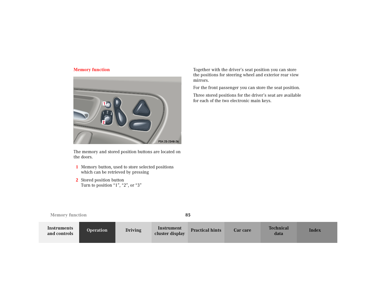 Section - memory function, Title - memory function, Marker - memory function | Figure - <graphik, Item - 2 stored position button turn to position | Mercedes-Benz 2001 C 320 User Manual | Page 94 / 381