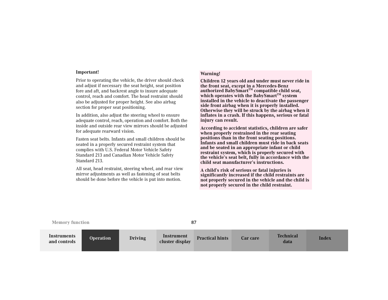 Important - important, Blocktitle - important, Warning - <tabelle | Tbody - <tabellenhaupttext, Row - <tabellenreihe, Entry, Entry - warning, Para - warning | Mercedes-Benz 2001 C 320 User Manual | Page 96 / 381