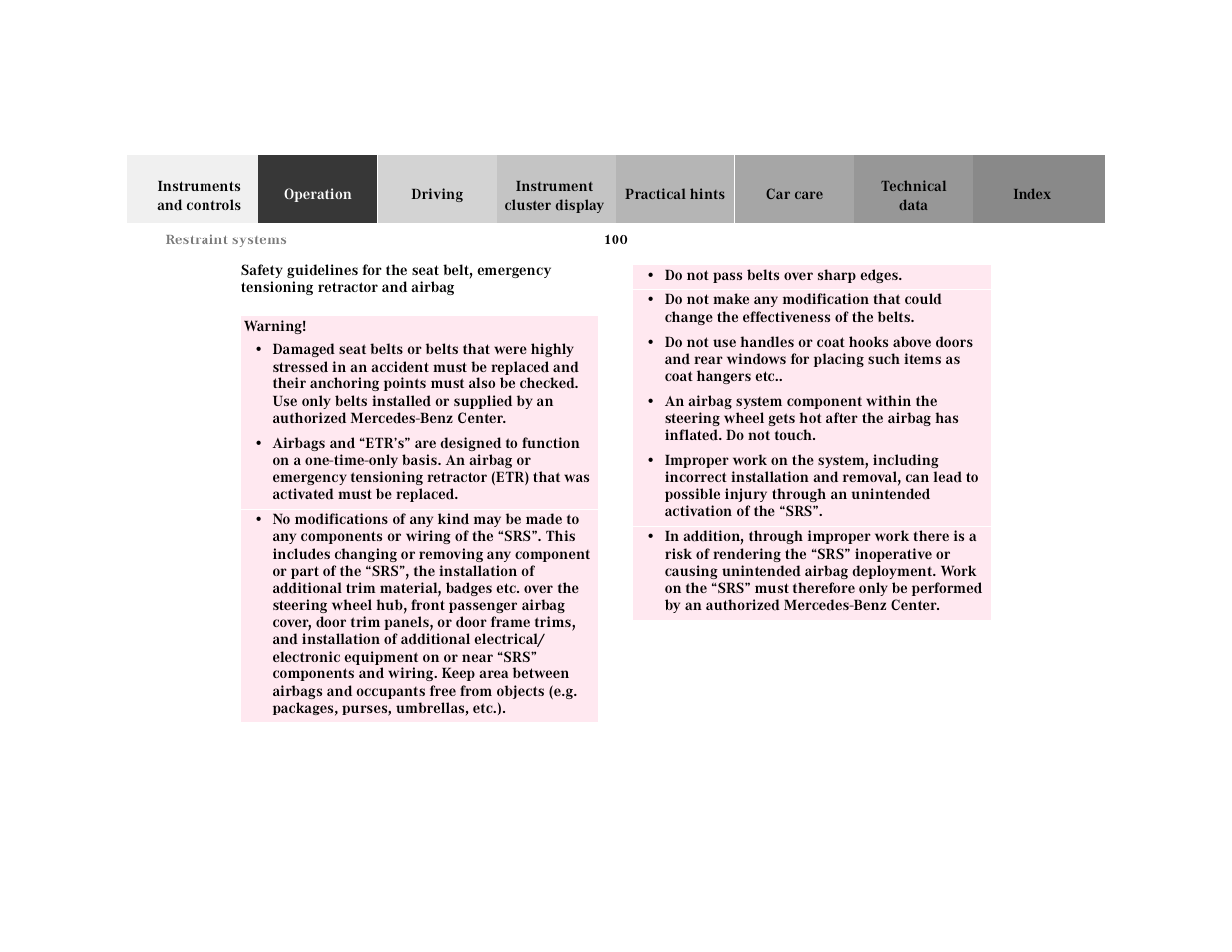 Safety guidelines for the | Mercedes-Benz 2001 CL 600 User Manual | Page 103 / 424