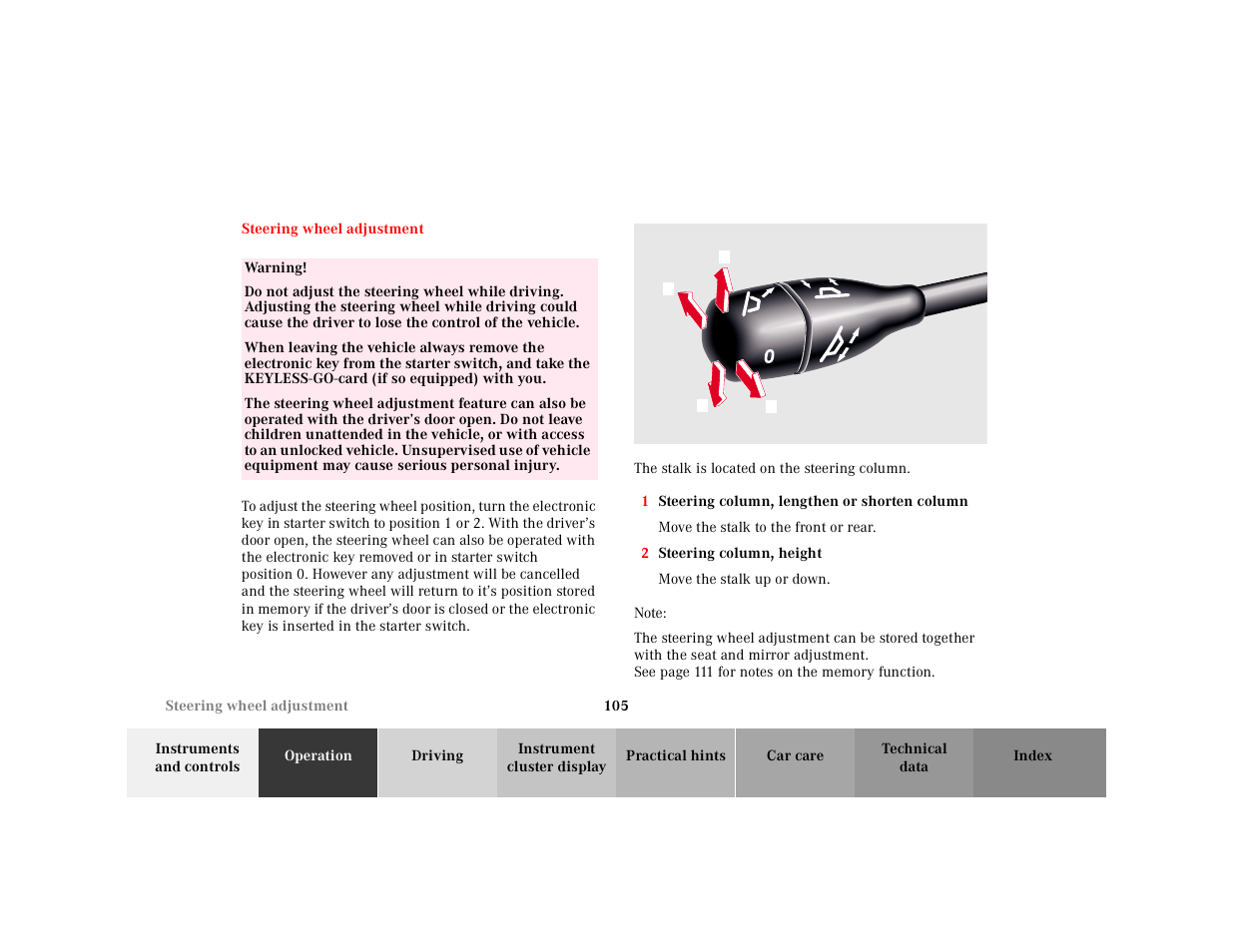 Steering wheel adjustment | Mercedes-Benz 2001 CL 600 User Manual | Page 108 / 424