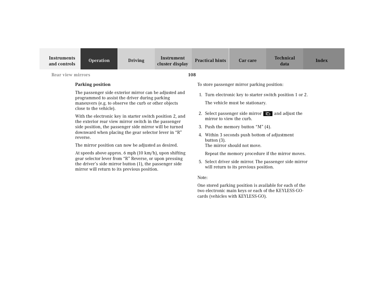 Exterior rear view mirrors:parking position | Mercedes-Benz 2001 CL 600 User Manual | Page 111 / 424