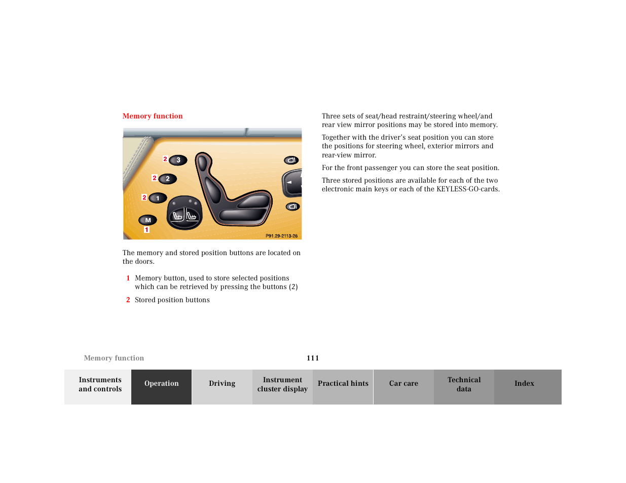 Memory function | Mercedes-Benz 2001 CL 600 User Manual | Page 114 / 424