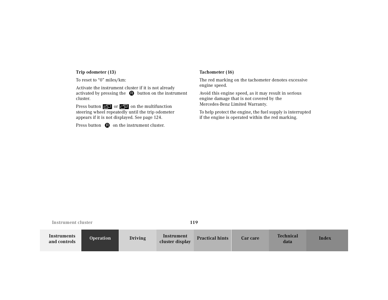 Trip odometer, Tachometer, 119 a | Mercedes-Benz 2001 CL 600 User Manual | Page 122 / 424