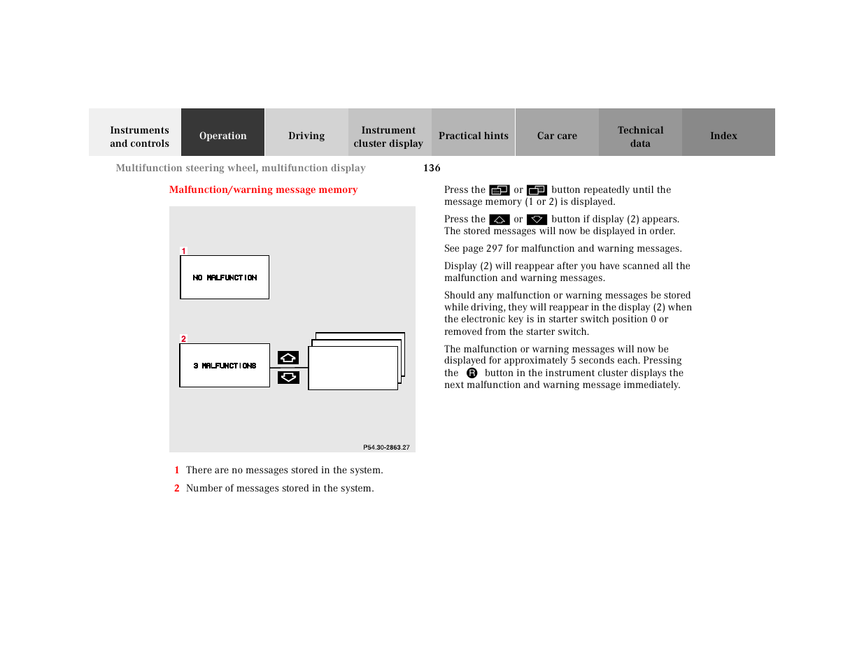 Malfunction/warning message memory, Malfunction/warning, Message memory | Mercedes-Benz 2001 CL 600 User Manual | Page 139 / 424