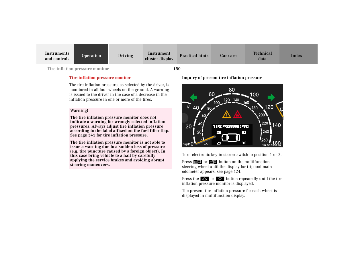 Tire inflation pressure monitor, Inquiry of present tire inflation pressure, Tire inflation | Pressure monitor | Mercedes-Benz 2001 CL 600 User Manual | Page 153 / 424