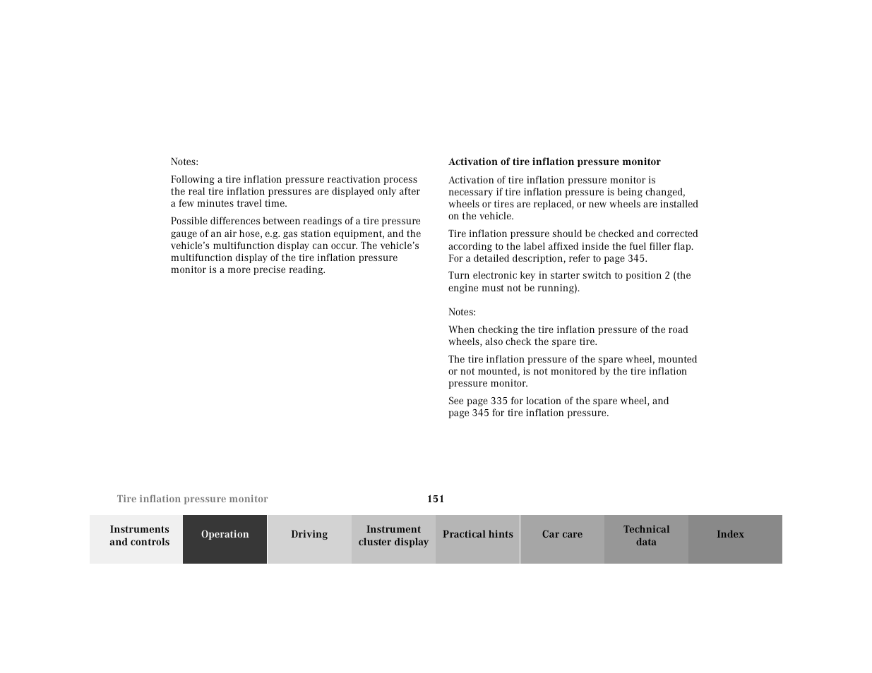 Activation of tire inflation pressure monitor | Mercedes-Benz 2001 CL 600 User Manual | Page 154 / 424