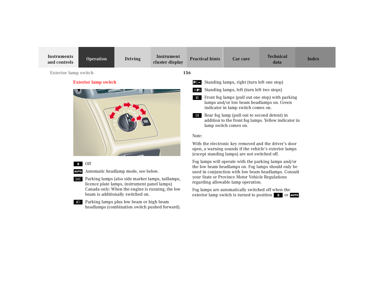Exterior lamp switch | Mercedes-Benz 2001 CL 600 User Manual | Page 159 / 424