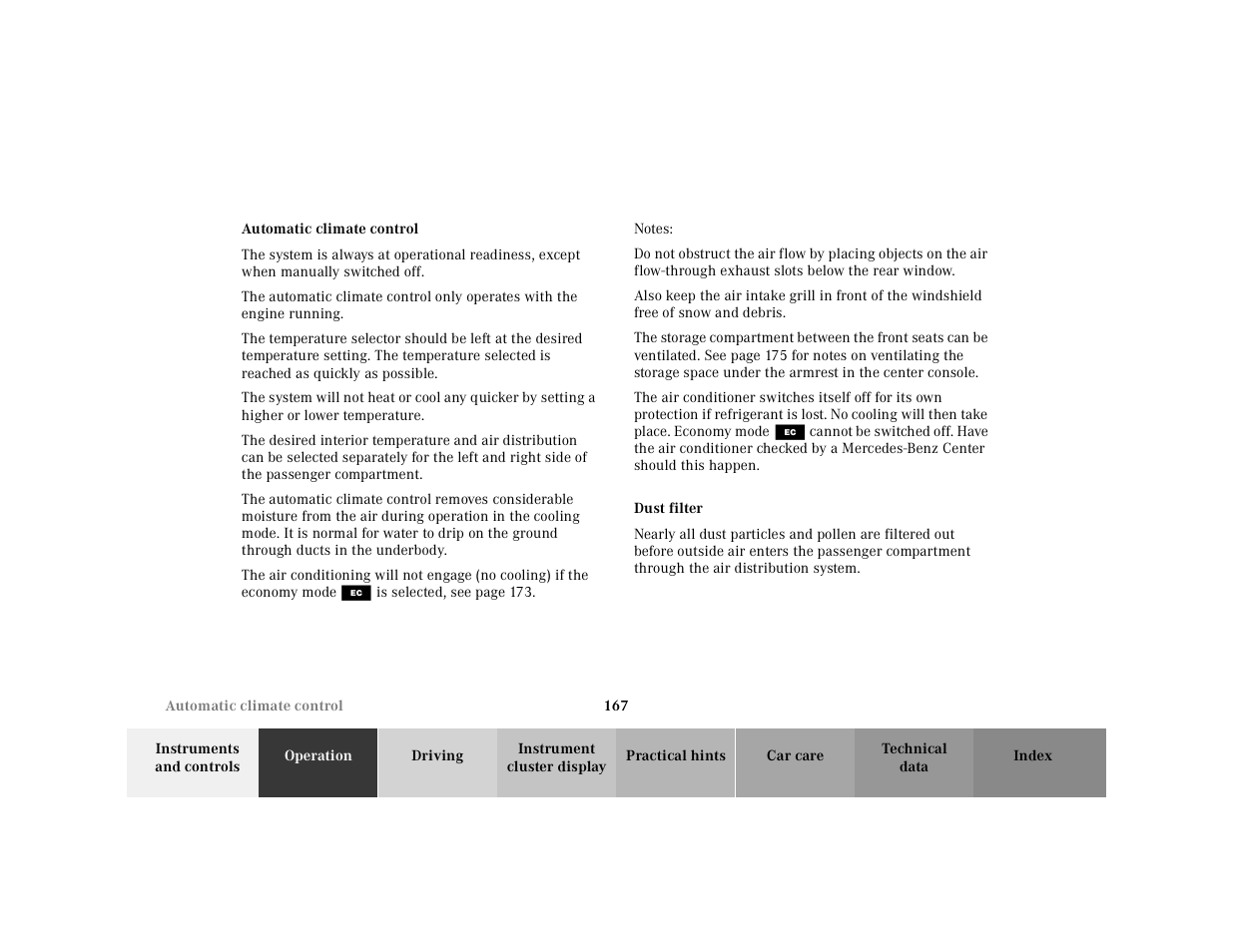 Automatic climate control, Dust filter | Mercedes-Benz 2001 CL 600 User Manual | Page 170 / 424