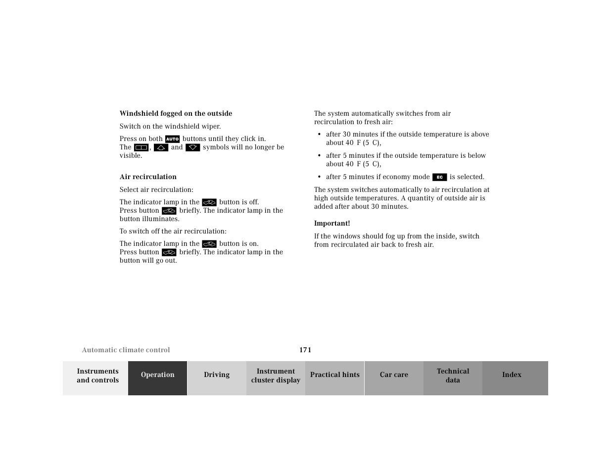 Air recirculation | Mercedes-Benz 2001 CL 600 User Manual | Page 174 / 424