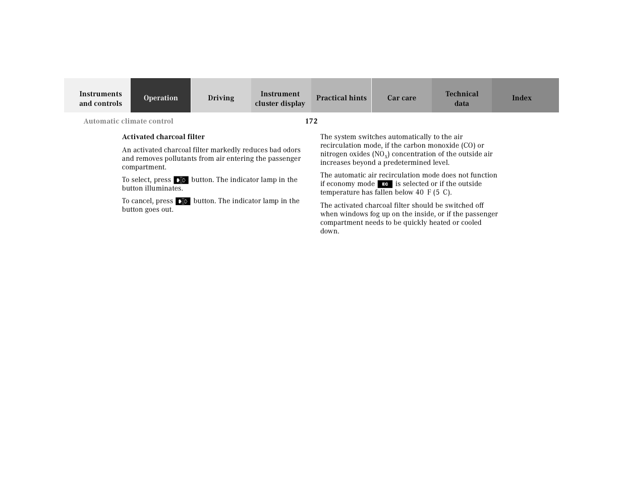 Activated charcoal filter | Mercedes-Benz 2001 CL 600 User Manual | Page 175 / 424