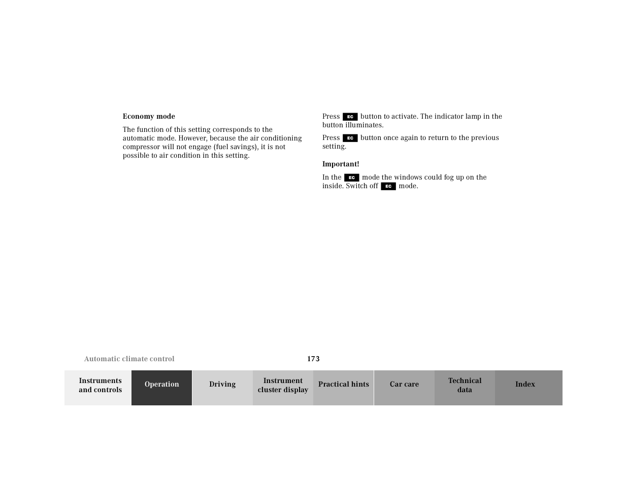 Economy mode | Mercedes-Benz 2001 CL 600 User Manual | Page 176 / 424