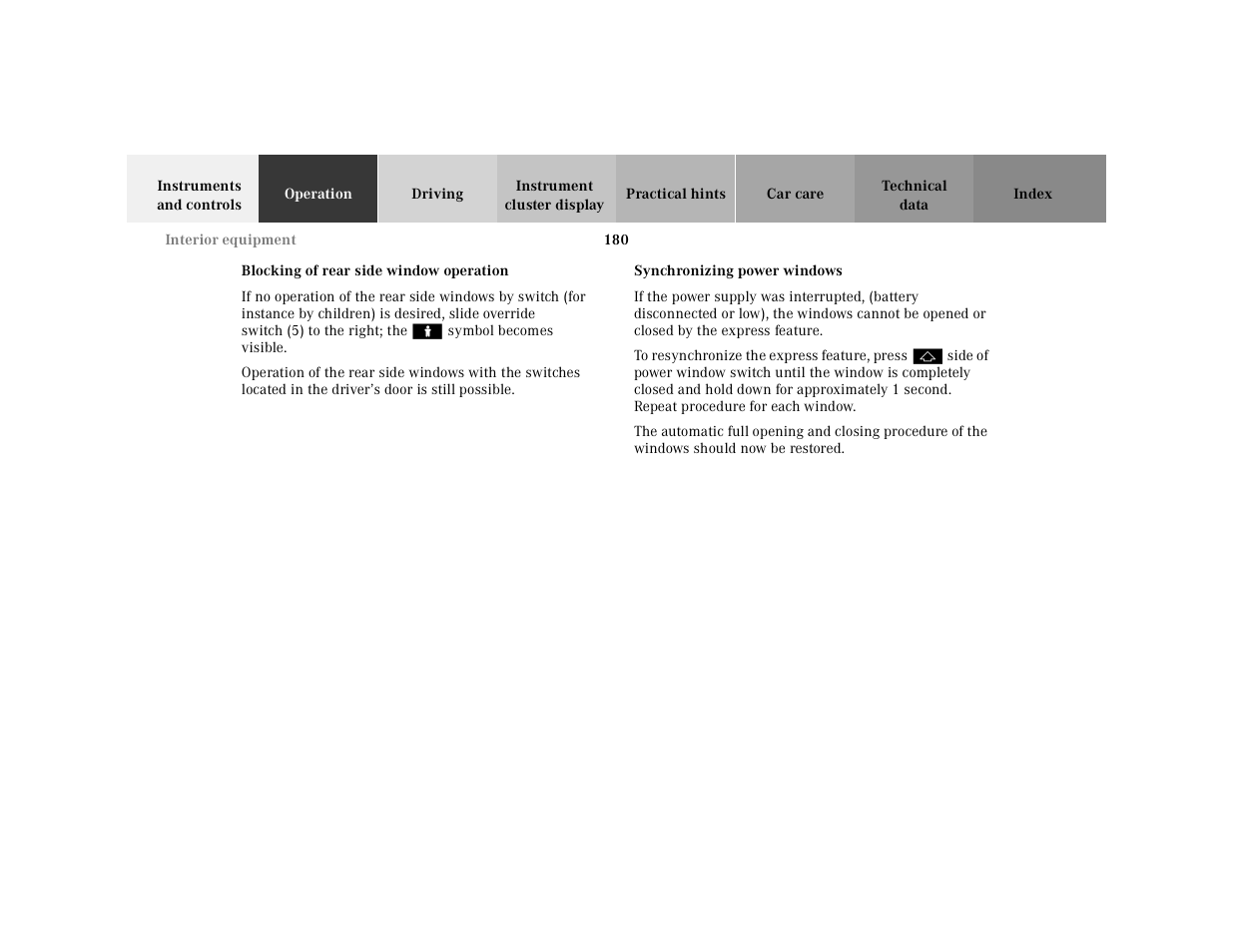 Power windows:synchronizing | Mercedes-Benz 2001 CL 600 User Manual | Page 183 / 424